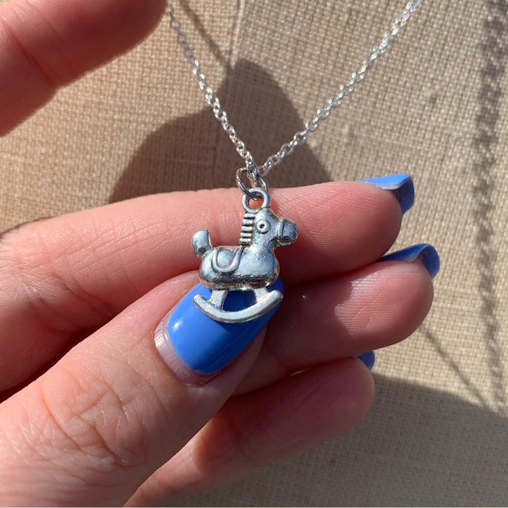 NWT Sterling Silver Plated Chain & Rocking Horse Alloy Metal Charm Necklace - Picture 6 of 16